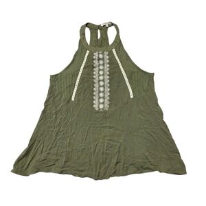 Miss Me Tank Top Womens Small Olive Green Boho Embroidered Halter Racerback